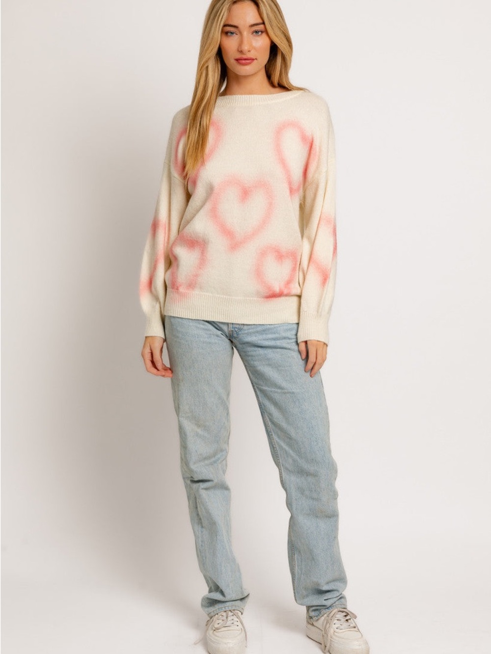 Le Lis Cream Crewneck Sweater with Pink Heart Print